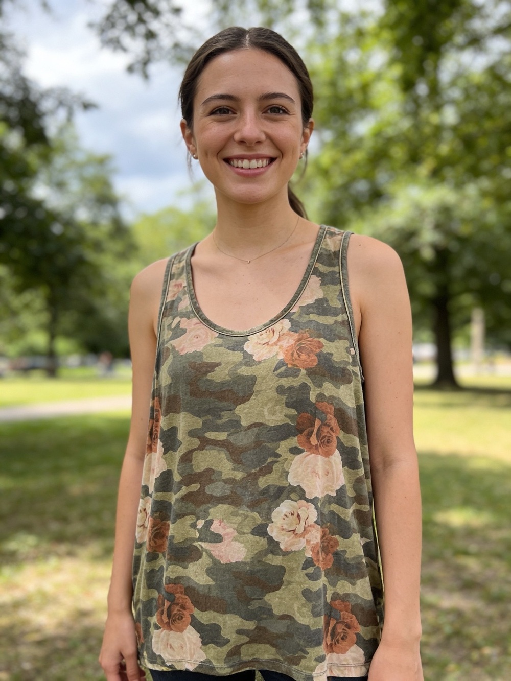 Peace Love World Olive Camo Floral Scoop Neck Tank
